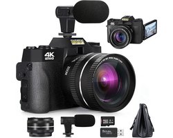 Luxe Digitale Camera – Foto Camera – Met Externe Microfoon – Vlog Camera voor Beginners – Handycam – 4K – 48 MP - 180° Flip Display – Zwart