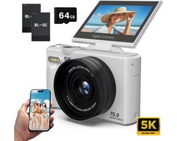 Nexino® Digitale Camera 5K - 75MP - Fototoestel - Compact Camera - Vlog Camera - Voor Kinderen - Wifi & App - Klapscherm - Incl. 64GB