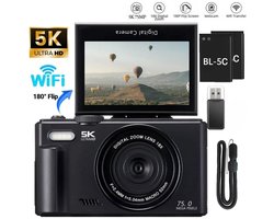 Norvia - 5K Digitale fotocamera - Compact fototoestel - Vlog camera met 75MP lens - 18x digitale zoom - Flip screen - Wifi