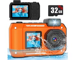 Onderwatercamera 33FT/10M 4K 48MP waterdichte camera met 32GB-kaart Dubbel scherm Robuust Stofdicht Schokbestendig Autofocus Selfie Digitale camera voor Snorkelen Duiken Sport Reizen (oranje)