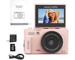 Roxa Digitale Camera met WiFi – Vlogcamera met 48MP, Flip Screen, Autofocus en 32GB SD-kaart – Geschikt voor Vloggen, Video en Fotografie - Roze