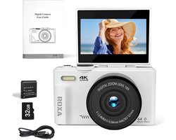 Roxa Digitale Fotocamera 48MP met WiFi & Kantelbaar Scherm – Compacte Camera met Autofocus & 32GB SD-kaart – Ideaal voor Reizen & Portretfotografie – Wit