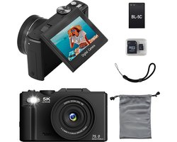 Senzo Digitale Camera 5K met WiFi - 75MP - 18 x Zoom - Fotocamera - Fototoestel - Compact Camera - Vlog Camera - Video Camera - Incl. 64GB