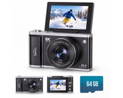 Senzo Digitale Camera 8K met WiFi - 96MP - 20 x Zoom - 60FPS - HDR - 2 x Accu - Fotocamera - Fototoestel - Compact Camera - Vlog Camera - 64GB