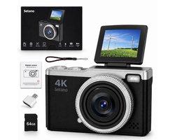 Setano® Digitale Camera – 4K Ultra HD – Incl. 64GB SD Kaart – Compact Fototoestel & Vlogcamera – Voor Volwassenen & Kinderen – Zwart