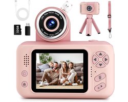 Upgrade Kids Selfie Camera, Kerst verjaardagscadeau voor 3-9 jaar oude meisjes, Draagbaar speelgoed voor kinderen van 3, 4, 5, 6, 7, 8, 9 jaar, Peuter 1080HD digitale videocamera met 32G SD-kaart Roze