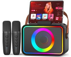 Een complete karaokeset, inclusief twee karaokemicrofoons, een draagbare karaokebox en een Bluetooth-luidsprekersysteem, perfect voor familiebijeenkomsten, kerkfeesten, picknicks en buitenactiviteiten.
