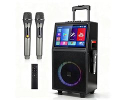 Grote Column Bluetooth Speaker - Karaoke Speaker met 2 Microfoons - Draagbare Luidspreker met Krachtige Bas en LED Verlichting - Zwart