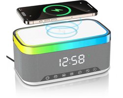 Namajunas - 5-in-1 Wireless LED Speaker - Draadloos - Bluetooth Speaker - 6 Ambient-lampen - Digitale klok, LED-display - Draadloze Muziek Box - Draadloze Oplader - Wireless charger - GSM Lader - voor iPhone/Android/iPad/Samsung - Cadeau