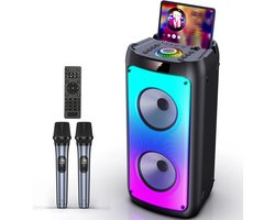 ShaSha Bluetooth speaker - Party speaker - Met 2 draadloze microfoons - Muziek box - Bluetooth karaoke - Draadloze muziek box - Met Led verlichting - Lange batterijduur - Zwart