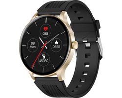 Belesy® NOBLE - Smartwatch Heren – Smartwatch Dames - Horloge – Stappenteller – Calorieën - Hartslag – Sporten - Je eigen foto als wijzerplaat - Kleurenscherm - Full Touch – Goud – Silicone – Zwart - Moederdag
