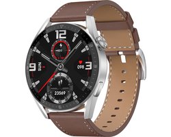 Belesy® NUMBER 3 MAX FOR HIM - Smartwatch Heren - Horloge – Stappenteller – Calorieën - Hartslag – Sporten - Splitscreen - Eigen wijzerplaat - Full Touch - Bluetooth Bellen – Zilver – Leer - Bruin - Moederdag