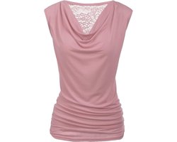 Blouse dames zomer mouwloos bovenstuk elegant V-hals waterval shirt plooien kant top stretch tuniek blouses, roze lila, M