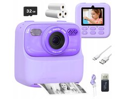 Kids Print Camera - Multifunctionele digitale camera - Paars - Direct printen - 32 GB geheugen - Groot 2,4 inch scherm - 1080P - Perfect cadeau