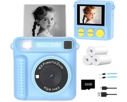 Kinder Printcamera – Blauw – 48MP Fotocamera met 2.4" Scherm, 16x Zoom & 1080P Video – Directe Zwart-Wit Print, 32GB Kaart, 3 Rollen Fotopapier & USB Oplader – Creatieve Speelgoedcamera voor Jongens en Meisjes