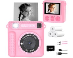 Kinder Printcamera – Roze – 48MP Fotocamera met 2.4" Scherm, 16x Zoom & 1080P Video – Directe Printcamera met 32GB Kaart, 3 Rollen Fotopapier & USB Oplader – Creatieve Speelgoedcamera voor Meisjes en Jongens