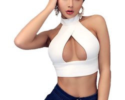 Sexy Halter Diepe V-hals Crop Top Criss Cross Backless Mouwloze Uitgesneden Tank Crop Top, Kleur: wit, S
