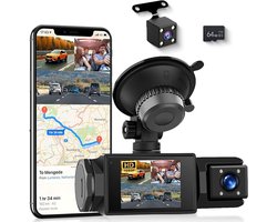 WiFi Dashcam voor Auto – 3-kanaals Draadloze Dashcam met App, Voor Binnenin Achter Camera, Full HD 1080P, 2” IPS-scherm, Nachtzicht, Bewegingsdetectie, Loopopname, 64GB-kaart Inbegrepen