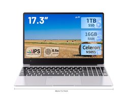 Acmine Laptop - 17.3 inch Full HD - 16 GB RAM - 1TB SSD - Intel Celeron N5095 - Windows 11 - Vingerafdrukontgrendeling - Met AZERTY-Toetsenbordsticker - Grijs