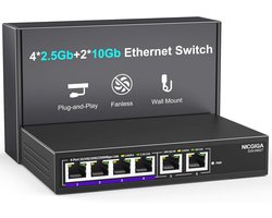 6-poorts 10 Gbps Ethernet-switch met 2 x 10 Gb en 4 x 2,5 Gb poorten voor desktop of wandmontage
