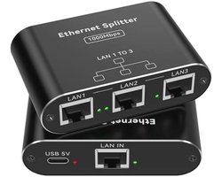 LAN-Splitter 1 naar 3 - Gigabit Ethernet Netwerk Switch 1000 Mbps - 3-Poorts Verdeler voor Cat5/5e/6/6e/7/8 Kabels