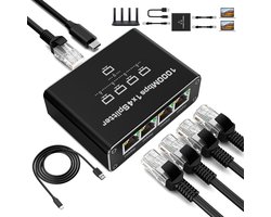 Splitter Internetkabel - LAN-Splitter 1 Naar 4 - 1000 Mbps Ethernet-Splitter Met 4 Poorten - Ethernet-Switch/Internetsplitter - Met Type-C-Voedingskabel - Voor Computer, Hub, Switch, Router, Settopbox En Digitale Tv