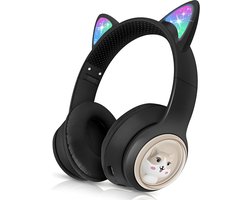 Kinder Bluetooth Oortjes - 85dB & Opvouwbaar - Met LED Kattenoren - Geschikt voor Tablet en PC (Zwart)