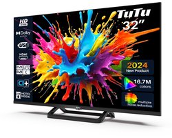 TuTu Standaard TV - LED HD - 32 inch/82 cm - Frameless Design - Enkelvoudige standaard - Tripple Tuner DVB-T/T2/S/S2/C - HDMI x3, USB x2, CI+ - In Eindhoven geassembleerd - TUB32HN1NC