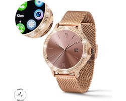 Digital Nativez dames smartwatch horloge rosegoud met echte zirkonia’s | incl. extra, makkelijk verstelbare, horlogeband | geschikt voor Iphone en Android | met o.a. NL menu| incl. luxe giftbox - kado