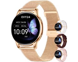 Evy24 Smartwatch Dames – AMOLED Smartwatch met Bellen – Sporthorloge met Hartslagmeter, Stappenteller en 110 Sportmodi – Smartwatch voor Android en iPhone – RVS en 3 Siliconen Bandjes – Rosé & Gold