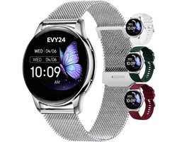 Evy24 Smartwatch Dames – AMOLED Smartwatch met Bellen – Sporthorloge met Hartslagmeter, Stappenteller en 110 Sportmodi – Smartwatch voor Android en iPhone – RVS en 3 Siliconen Bandjes – Zilver