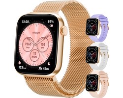 Maoo ProWatch AMOLED Smartwatch Dames en Heren - Milanese Bandje en 3 Siliconen Bandjes - Stappenteller - Hartslagmeter- Bloeddrukmeter - Slaapmonitor - Multisport - Geschikt voor Android en iOS - Rosé Goud