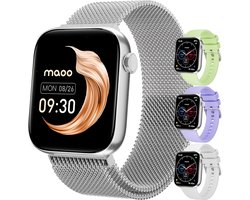 Maoo ProWatch AMOLED Smartwatch Dames en Heren - Milanese Bandje en 3 Siliconen Bandjes - Stappenteller - Hartslagmeter- Bloeddrukmeter - Slaapmonitor - Multisport - Geschikt voor Android en iOS - Zilver