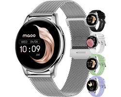 Maoo Ventura AMOLED Smartwatch Dames - RVS en 4x Siliconen Bandje - Stappenteller - Hartslagmeter - Slaapmonitor - Multisport - Geschikt voor Android en iOS - Zilver en Wit