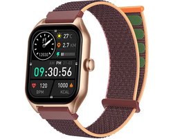 Royal Supplies C50 - Smartwatch- Smartwatch Dames & Heren - Screenprotector - 2026- Bellen- HD Touchscreen - Horloge - Stappenteller - Bloeddrukmeter - Saturatiemeter - IOS & Android -Bruin Neylon