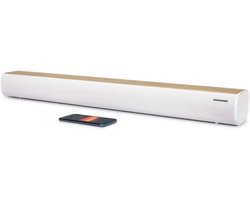 Soundbar met 200W Muziekvermogen – Bluetooth 5.0 – Optische, USB & AUX-Ingang – EQ-Voorkeuzes – Afstandsbediening – LED Bronindicator – Muurbevestigbaar – Wit & Hout Design