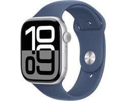 Apple Watch Series 10 - Wifi + 4G - 46mm - Zilveren Aluminium Case met Denim Sportbandje - S/M