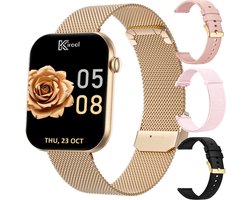 Kiraal Aura AMOLED Smartwatch voor Dames – 4 Bandjes (RVS, Nylon & 2x Siliconen) – Hartslagmeter – Stappenteller – Slaapmonitor – Multisport – Compatibel met Android & iOS – Rosé Goud en Roze