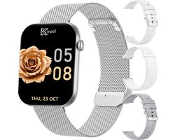Kiraal Aura AMOLED Smartwatch voor Dames – 4 Bandjes (RVS, Nylon & 2x Siliconen) – Hartslagmeter – Stappenteller – Slaapmonitor – Multisport – Compatibel met Android & iOS – Zilver en Wit