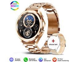 Knobbout Slimme Bluetooth Smartwatch 1.46" – Full HD Kleuren Display – Hartslag & Bloeddruk & Bloedzuurstof – Bluetooth Bellen, Muziek, AI Spraakbesturing – Vrouwen Gezondheid, Waterdicht – iOS & Android - Roségouden staal+silicone horlogebandjes