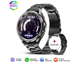 Knobbout Slimme Bluetooth Smartwatch 1.46" – Full HD Kleuren Display – Hartslag & Bloeddruk & Bloedzuurstof – Bluetooth Bellen, Muziek, AI Spraakbesturing – Vrouwen Gezondheid, Waterdicht – iOS & Android - Zwart staal+silicone horlogebandjes