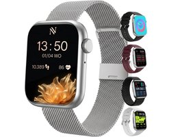 Nuvance Smartwatch Dames - Smartwatch Heren - Stappenteller Horloge Dames - Hartslagmeter - Sporthorloge - Geschikt voor iOS/Android - Incl. 5 Bandjes - Zilver