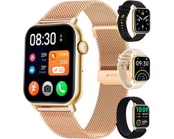 Siltcon® Smartwatch Dames Pro - Smartwatch Heren Pro - Sporthorloge Dames & Heren - Stappenteller Horloge - Hartslagmeter – Bloeddrukmeter - Slaapmonitor - Saturatiemeter - Belfunctie - Elke Smartphone - RVS - Incl. 4 Bandjes - Goud