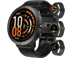 Synyq Evo Pro - GPS Smartwatch - 4 Bandjes - 42mm - AMOLED - 5ATM Waterdicht - Stappenteller - Hartslagmeter - Slaapmonitor - Multisport - Belfunctie - Bluetooth Smartwatch voor Dames en Heren - iOS & Android - Zwart