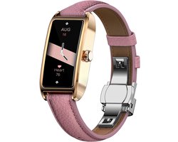 WizBay Premium Select® 1.13 Inch AMOLED Smartwatch Goud met Roze Leren Band – Hartslag, Bloeddruk SpO₂ Monitoring – Fitness Tracker – Elegant Vierkant Design – Android iOS