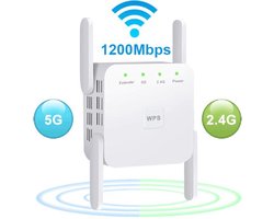 DrPhone WR1 PRO - WiFi Versterker – 1200Mbps Dual Band – 2.4GHz & 5GHz Extender – 4 Antennes – Groot Bereik – Wit