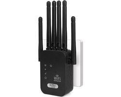 Krachtige WiFi-repeater, WiFi-versterker met 6 antennes, 2 LAN-poorten, 1200 Mbps, dekking van 250 m², repeater/router/AP voor thuis en op kantoor (zwart)