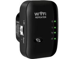 Nieuwste wifi-extender/booster (model 2026) met ethernetpoort – bereik tot 335 m² en ondersteuning voor 45 apparaten, snelle installatie, EU-stekker (zwart)