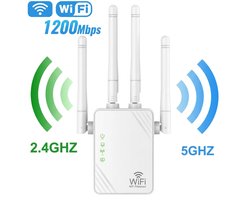 UFTA WiFi Versterker 1200Mbps - Wifi Repeater Dual Band 5GHz en 2.4GHz - Met 4 Antennes - Range Extender voor Heel Huis - Wit