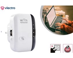 Vlectro - Wifi Repeater - Range Extender - 2.4Ghz - RJ45 - AP functie - WPS - 300Mbps - WIT